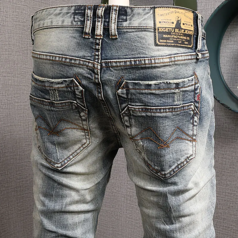 European Vintage Fashion Men Jeans Retro Elastic Cotton Slim Fit Distressed Ripped Jeans Men Simple Designer Casual Denim Pants