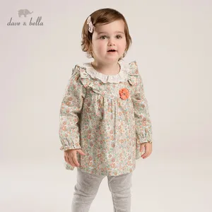 DBM16823 нижнее белье в стиле бренда dave bellaвесна, сказочное детское платье для девочек милое платье с цветочной аппликацией, комплекты одежды Детская мода длинные рукава, комплекты для детей, комплект из 2 предметов,