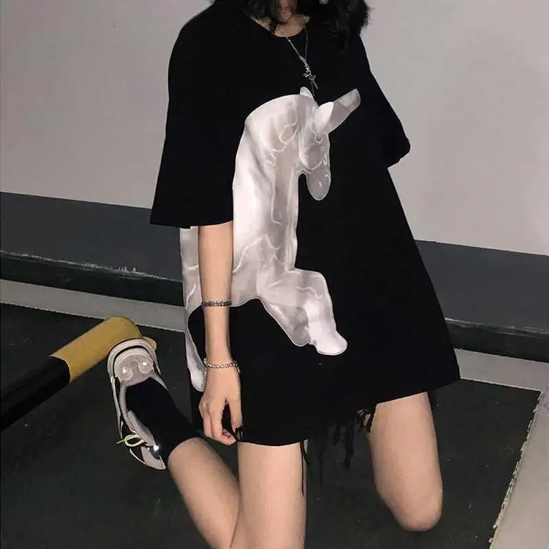 Модная Минималистичная Летняя мужская футболка унисекс с большой лошадью Черная