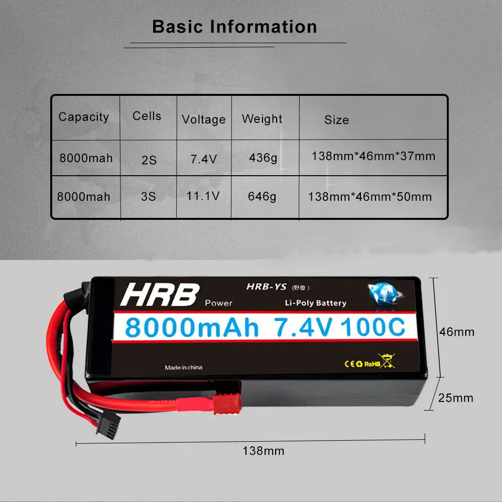 HRB RC Lipo Battery 2S 3S 8000mah 7 4 v 11 1 100C XT60 Жесткий Чехол для Traxxass rc monsters truck 1/10 1/12 Car Boats