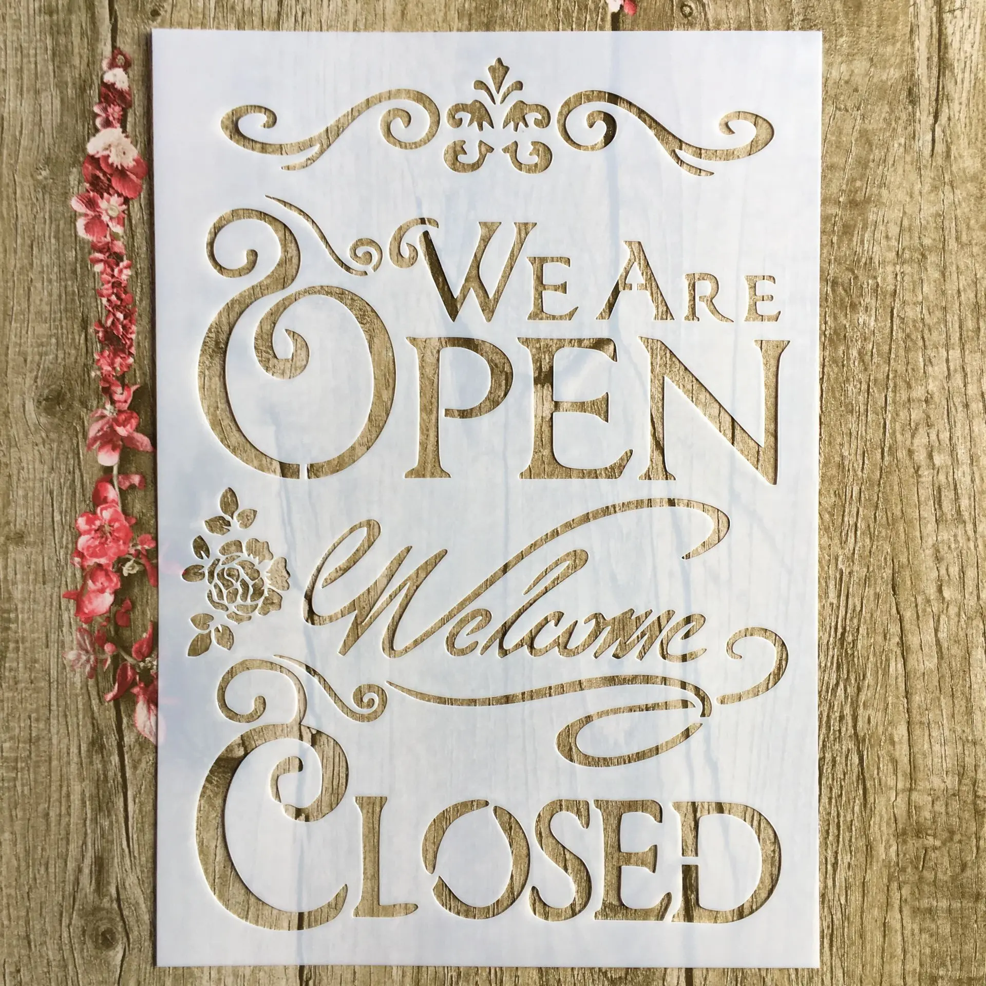 

A4 29 * 21cm OPEN CLOSED Floral DIY Stencils Wall Painting Scrapbook Coloring Embossing Album Decorative Paper Card Template