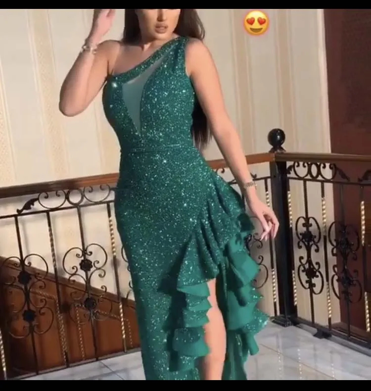Сексуальное зеленое платье на одно плечо без рукавов с оборками до пола для