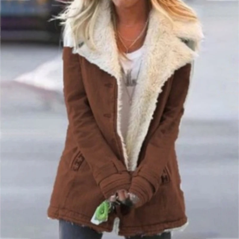 

Women Plus Size Warm Coats Composite Plush Button Lapels Jacket Outwearcoat Thick Lady Winter Pockets Solid Coats