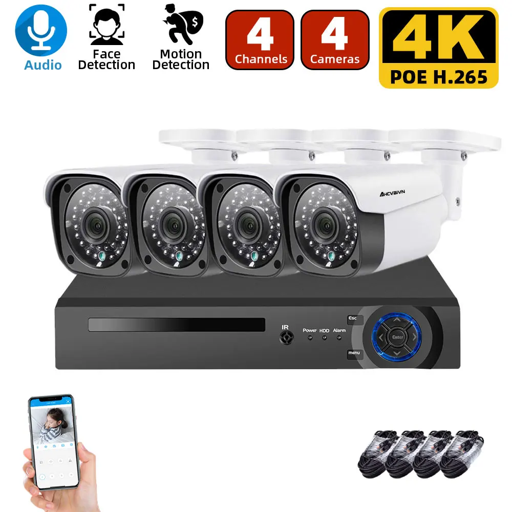 

H.265 4CH 4K POE NVR Kit Security Face Detection CCTV System Audio Record AI 8MP IP Camera Outdoor P2P Video Surveillance Set