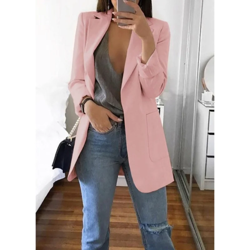 Однотонные женские куртки и пальто 5XL размера плюс, Осеннее болеро с длинным рукавом и отложным воротником, женские куртки с карманами - Цвет: Розовый