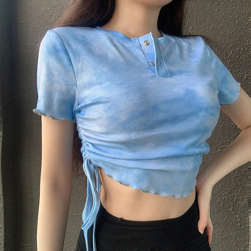 Женский трикотажный топ с короткими рукавами принтом круглым вырезом на