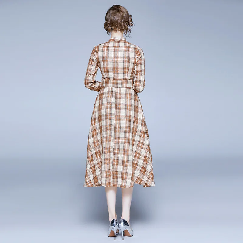 

Style Temperament Women's A-line Medium Sashes Elegant with Slim Waist and Plaid Shirt Long Sleeve Dress