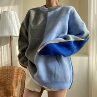 2022 fall personality versatile round neck pullover color matching warm winter loose casual long sleeved knitted sweater women