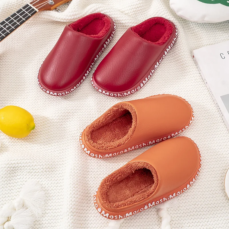 

2021 New Winter Women Home Cotton Slippers Leather Warm Non-Slip Plush Indoor Outdoor Lovers Slippers Bedroom Unisex House Shoes
