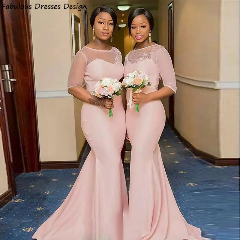 

Luxury Applique Lace Bridesmaid Dresses 2020 Mermaid Pink Sheer Neck Long Wedding Party Dress Robe De Soiree De Mariage