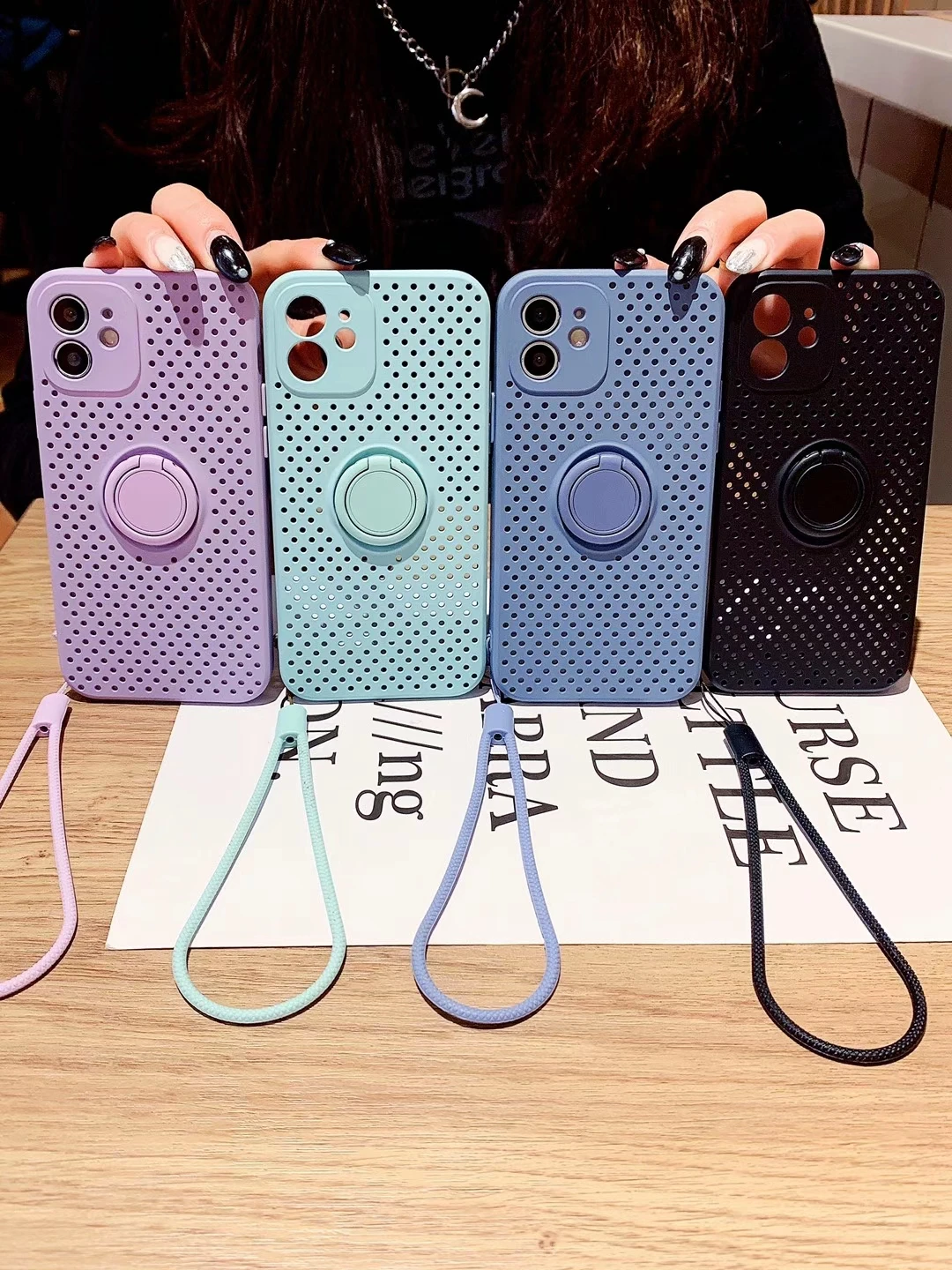 

Hollow Phone Cases For iPhone 11 Pro Max 11 Pro X XS XR XS Max i7 i8 Plus SE 2020 Breathable Phone Stand Case With Lanyard