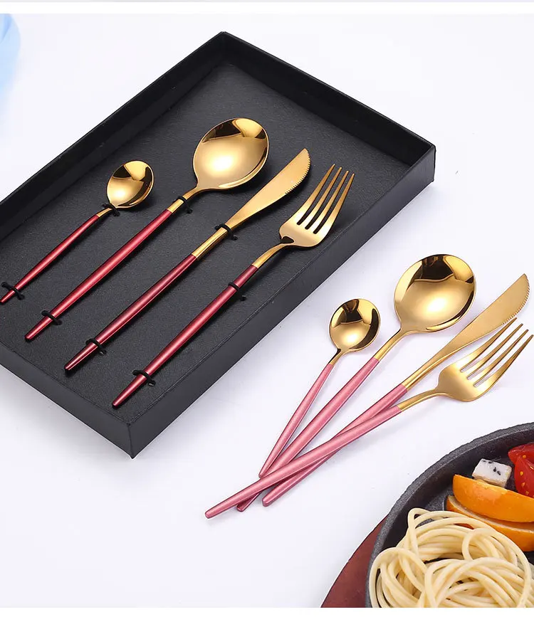 Gold Cutlery Sets Stainless Steel Cutlery Set Green Gold Dinnerware Spoon and Fork Set Fruit  Forks Knives Spoons