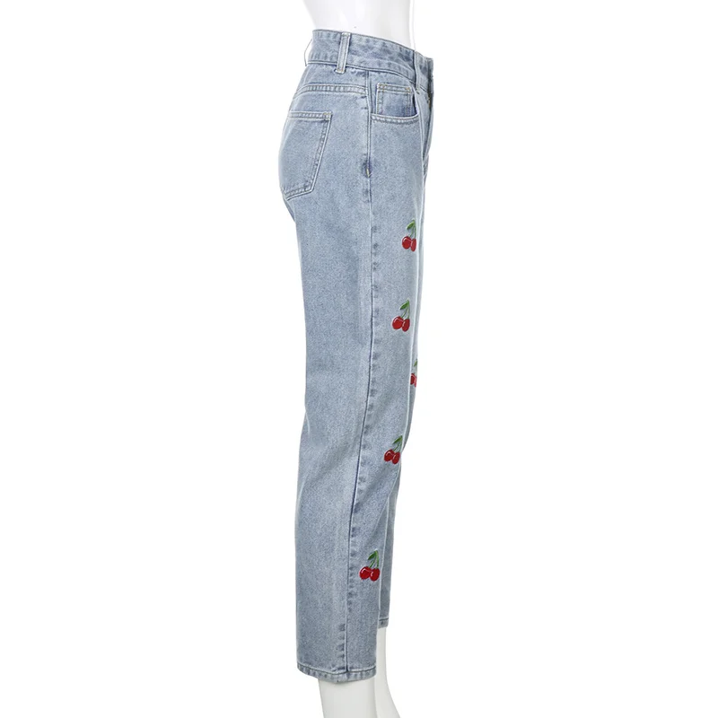 

Autumn Cherry Pattern Jeans Women England Preppy Style 90s Streetwear Y2K Outfits High Waist Straight Denim Pants