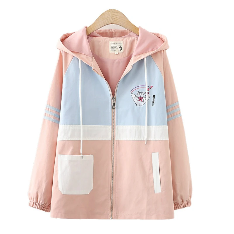 

Women Cartoon Embroidery Patchwork Zipper Jacket 2020 Autumn Long Sleeve Hooded Outerwear Sweet Style Girl Drawstring Coat