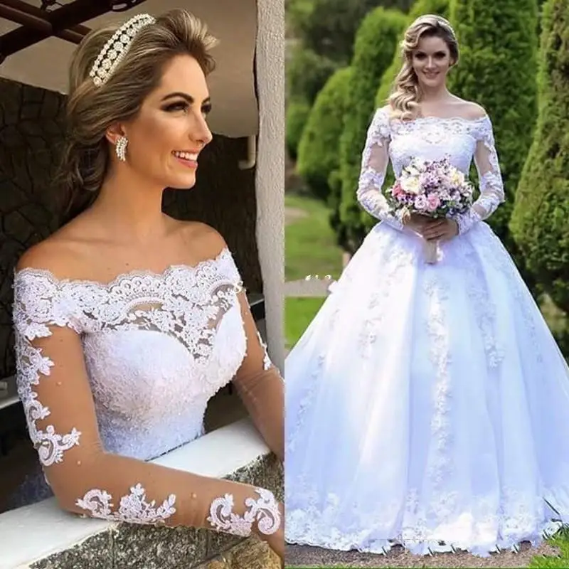 

Свадебное платье с открытыми плечами, белое кружевное платье с длинными рукавами, украшенное бусинами, в арабском стиле, свадебное платье д...