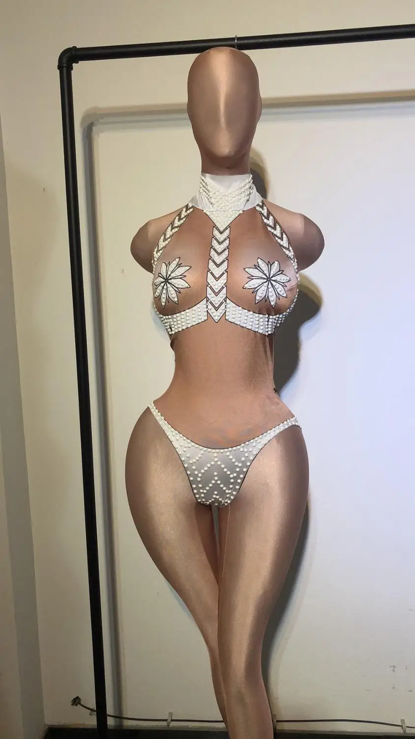 

Women Sleeveless Halter Nightclub Leotard Sexy Bikini Pattern Nude Stretch Skinny Dance Bodysuit Showgirl Pole Dance Jumpsuit