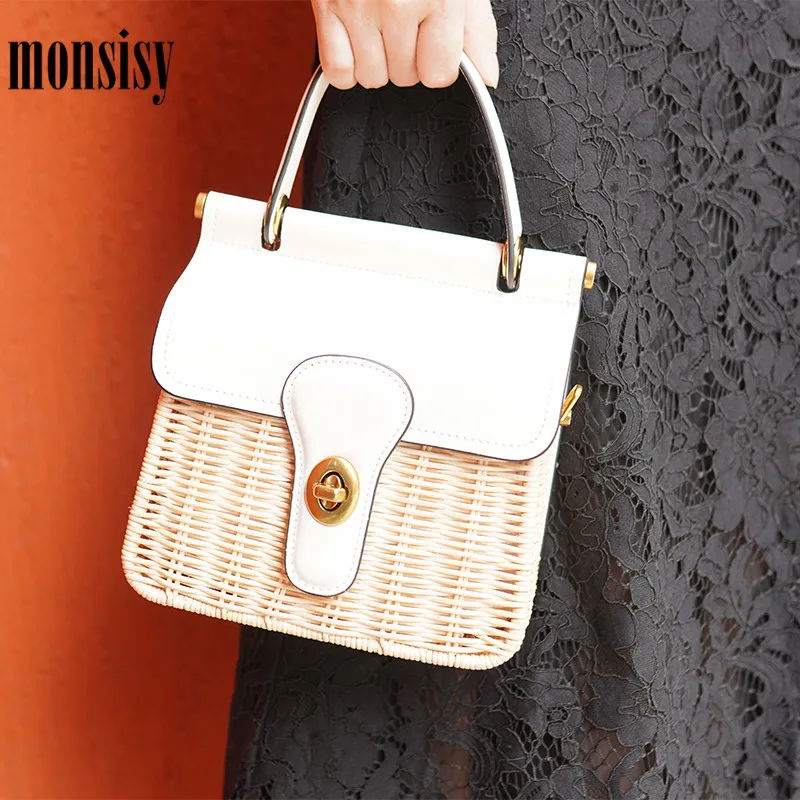 

Monsisy 2021 Genuine Leather Rattan Bags For Women Woven Totes Ladies Crossbody Bag Summer Holiday Straw Beach Bag Bolsa paja