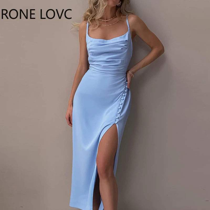 

Women Solid Satin Button Decor High Slit Evening Dress Summer Dress Bodycon Dress