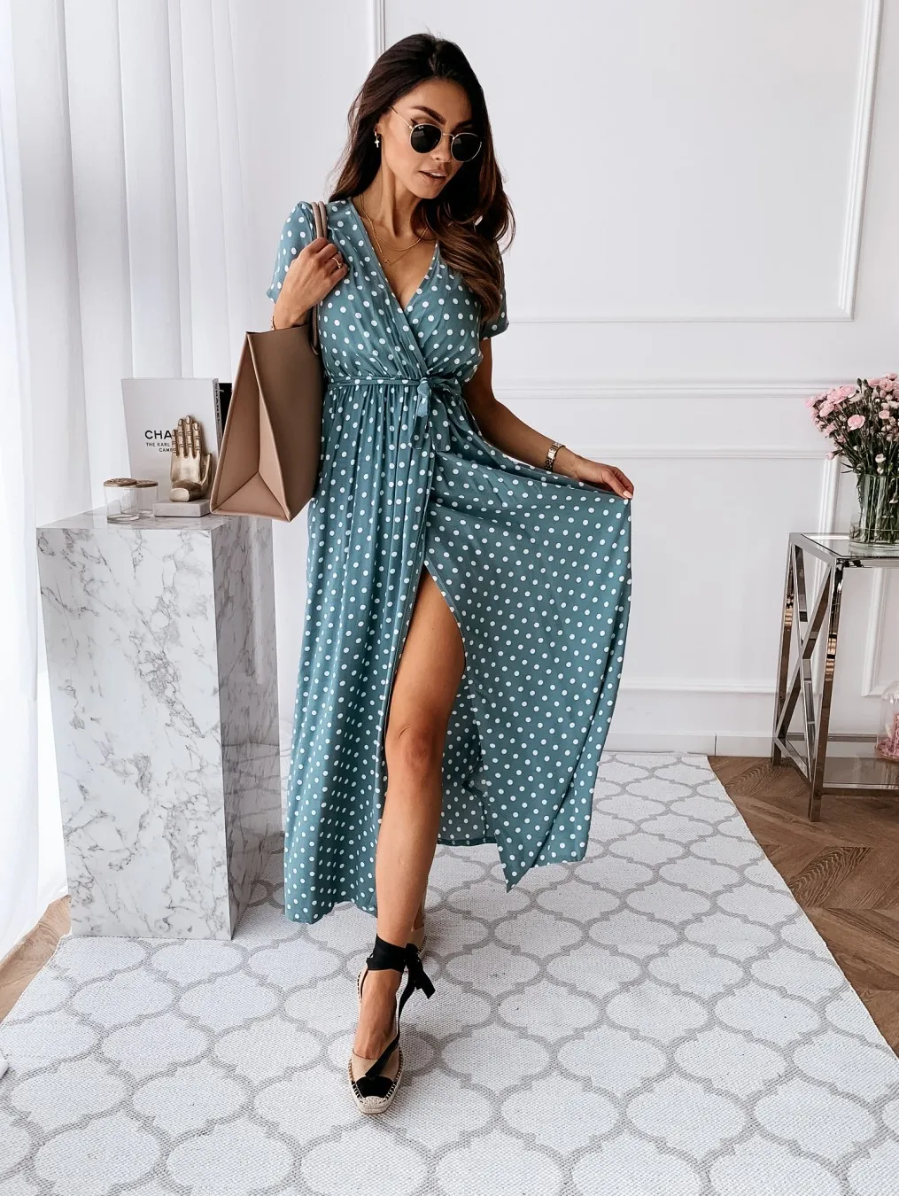 

Womens Maxi Long Dress Summer Sexy Ladies Short Sleeve Polka Dot Dreeses Split Vestidos Femela Boho Beach Dress Plus Size