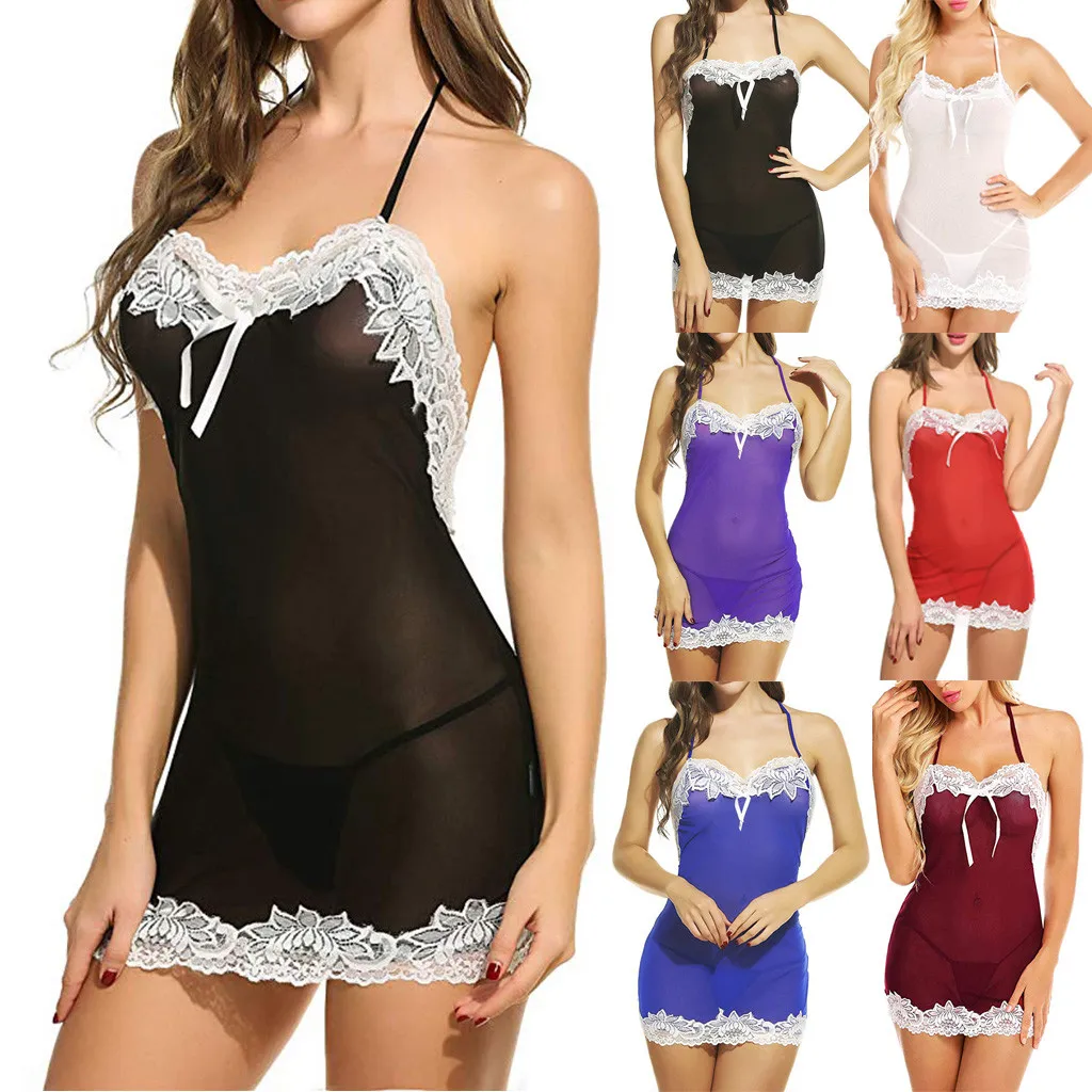 Женский одежда для сна Сексуальная ночнушка пеньюар + стринги кружевной домашний