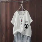 Женская блузка с коротким рукавом, из хлопка и льна, с принтом кошек, винтажная туника, 2021