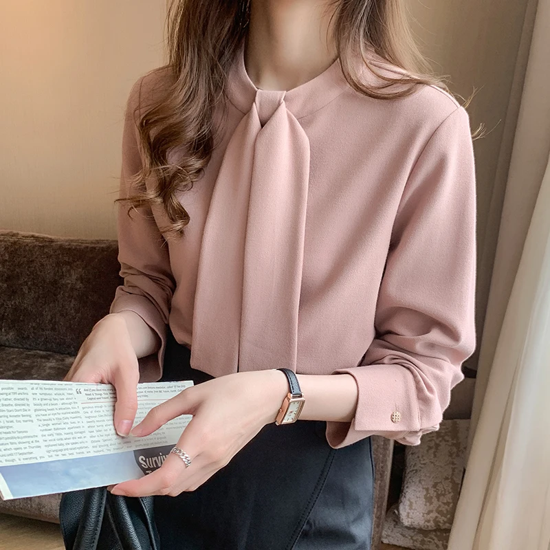 Блузка Для женщин Blusas Mujer De Moda 2021 с длинным рукавом блузка бантик воротник-стойка
