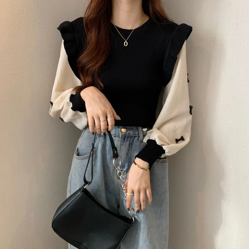 Женский трикотажный топ с оборками рубашка рукавами-фонариками и бантом на осень