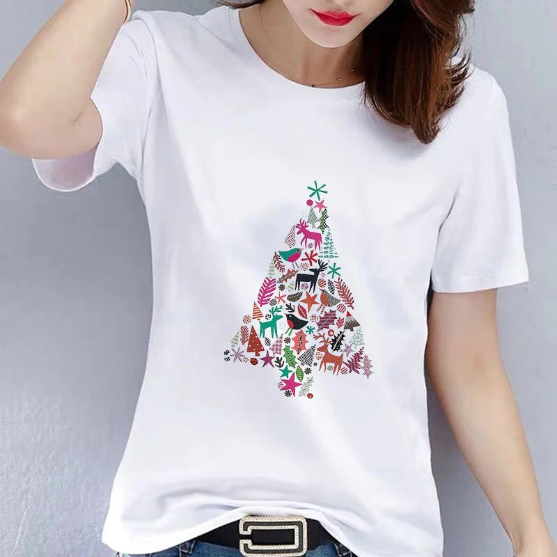 

Fashion Women T Shirt Short Sleeve Casual White Tee Tops Christmas Shirt Christmas Tree Printed Female Tee Tops CN(Origin)