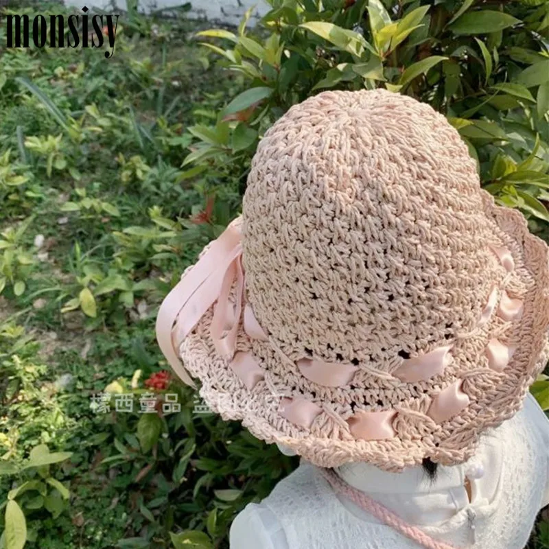 Детская соломенная шляпа Monsisy Пляжная плетеная с ленточкой ручной работы летняя