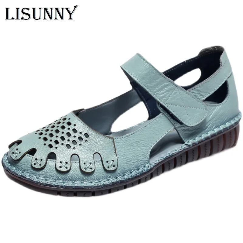 

LISUNNY Hollow Genuine Leather Breathable Soft Flat Sandals Summer Women Shoes Woman Casual Solid Buckle Strap Ladies Sandals