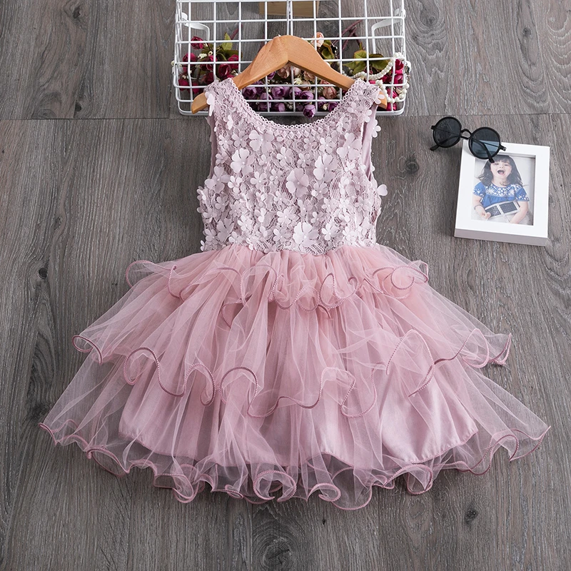 Summer New Girls Lace Dress Flower Kids Sleeveless Birthday Wedding Party Baby Girl Children Cake Princess Clothing | Детская одежда и