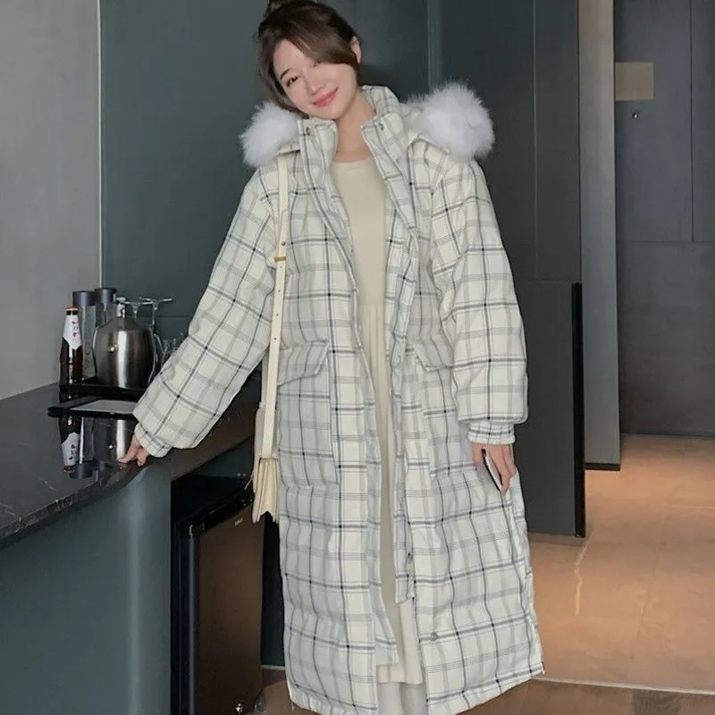 Женский пуховик с капюшоном длинное пальто в клетку из натурального Лисьего меха