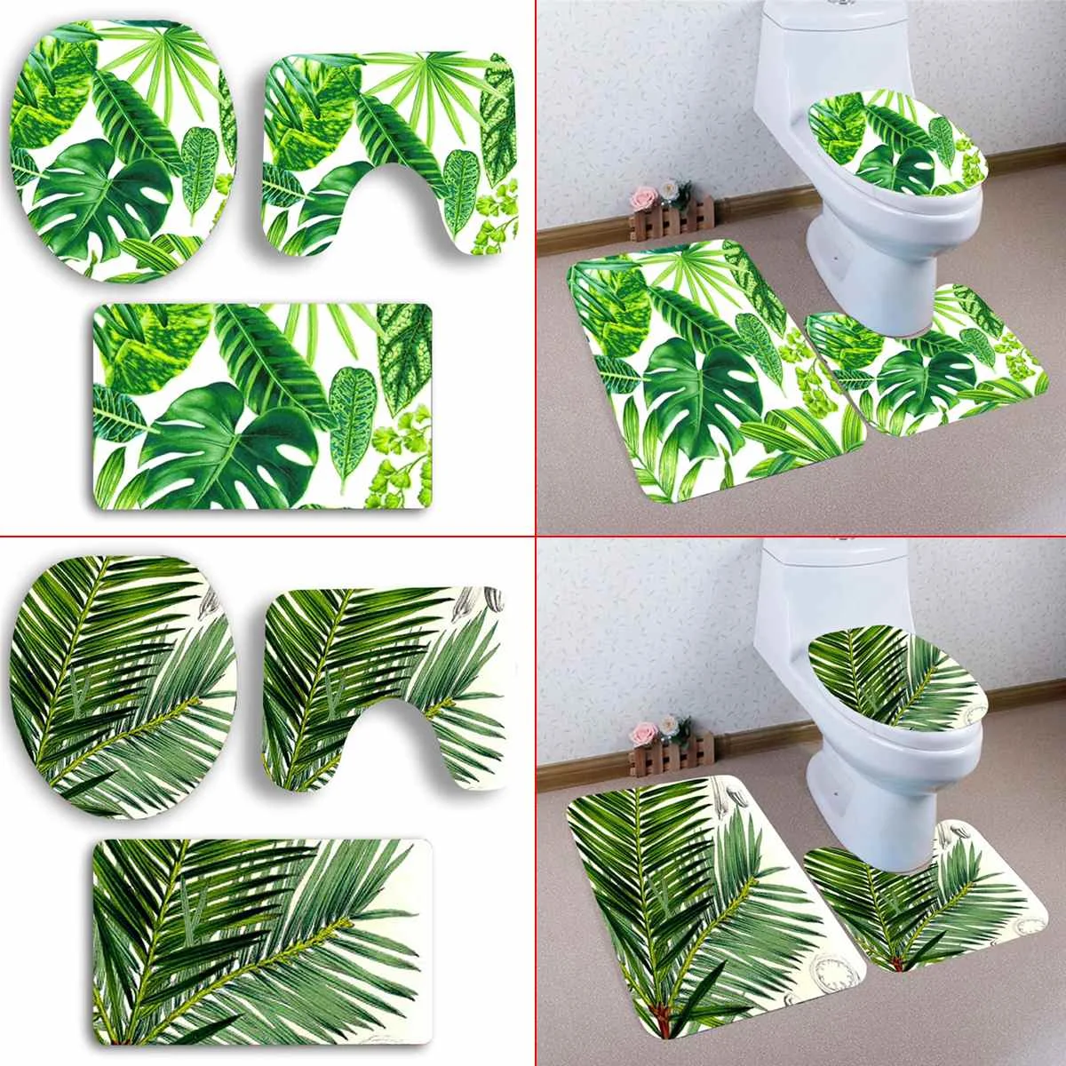 

3PCS Bathroom Toilet Seat Cover Set Tropical Green Leaves Printed Toilet Pedestal Rug+Lid Toilet Cover+Bath Mat Home Decor