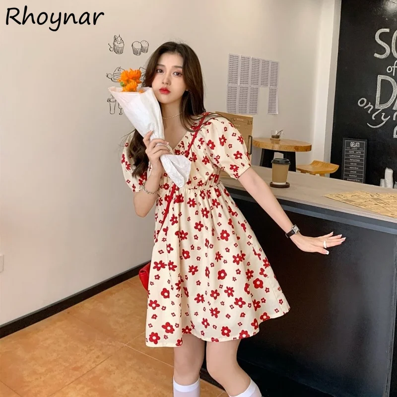

Floral Dress Women Mini A-line Holiday Girls Lovely All-match Sundress Preppy Aesthetic V-neck Tender Daily Popular Vintage Ins