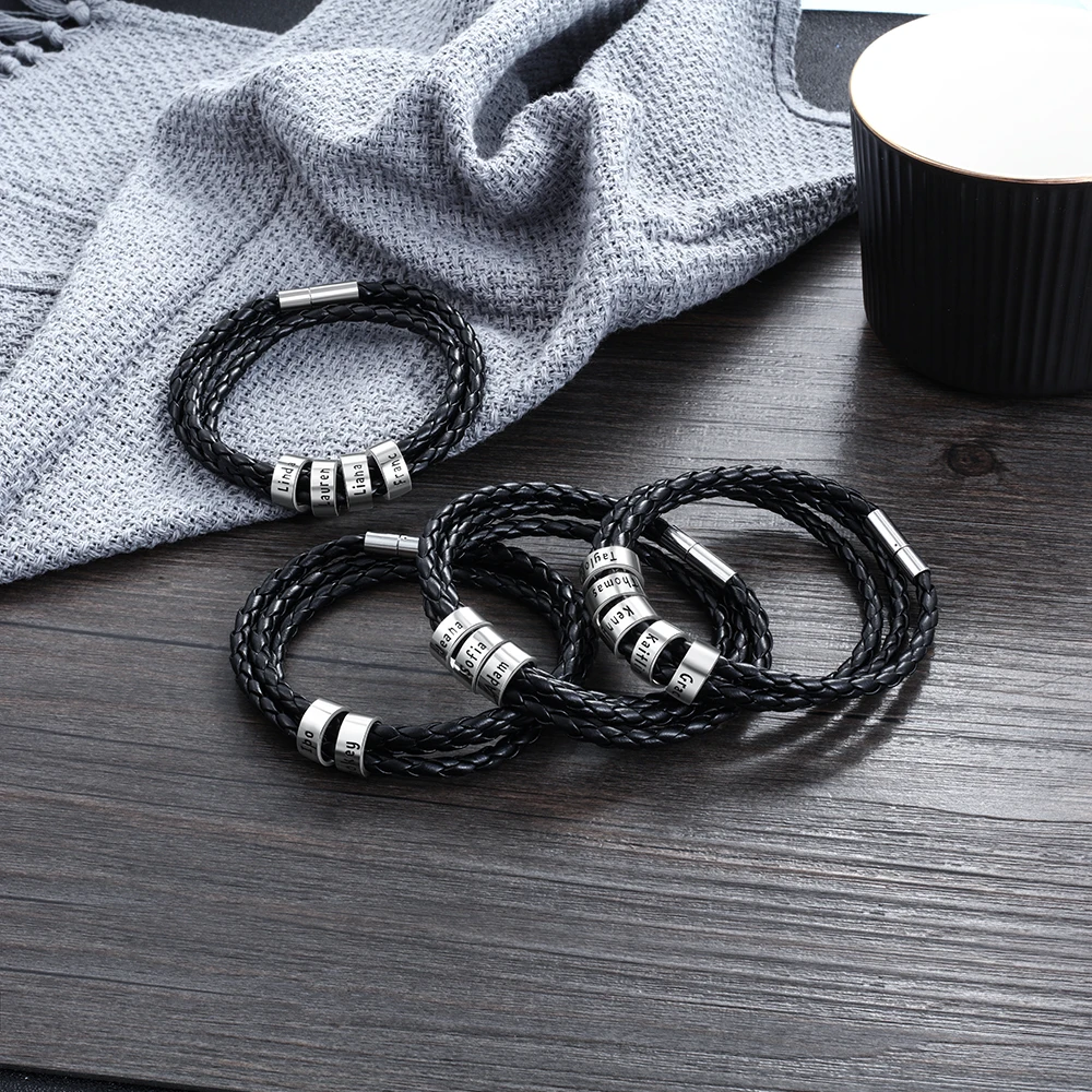 Персонализированный черный кожаный браслет с плетеной веревкой 2 5 небольших