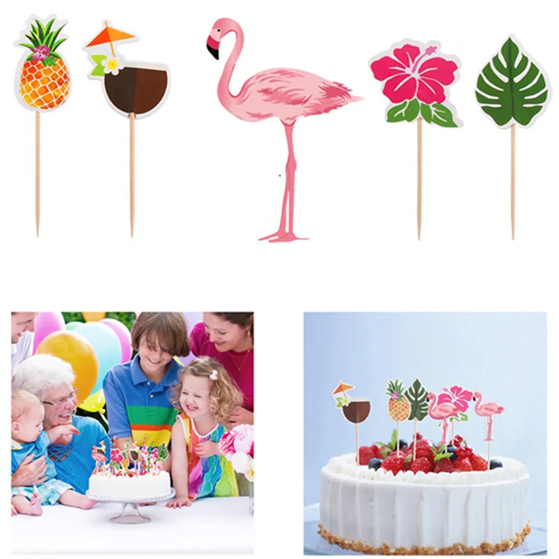 24Pcs Hawaiian Flamingo Party Decor Cake Insert Pineapple Turtle Leaf Coconut Banner Birthday Wedding Decorations
