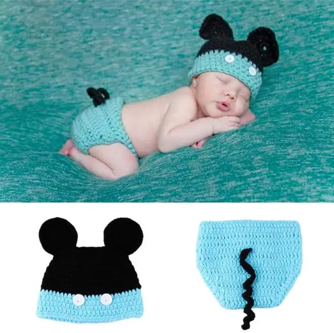 Blue 2 pcs 1 комплект, вязаный костюм «кроше» для новорожденных мальчиков и девочек, наряд для фотосессии с шапочкой, вязаный костюм «Минни» - Цвет: Blue 2 pcs