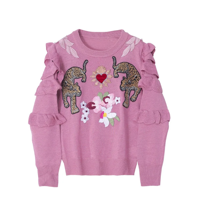 

Осенне-зимние вязаные свитера с вышивкой в виде животных, пуловеры, Женский подиумный дизайнерский элегантный топ с оборками, одежда, женский джемпер