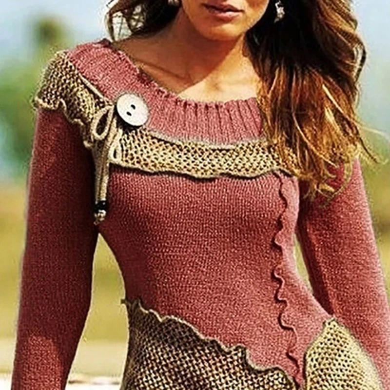 

Women Vintage Sweaters New Autumn Winter Plus Size S-XXL Tops Fashion Round Collar Long Sleeve Asymmetrical Sweaters