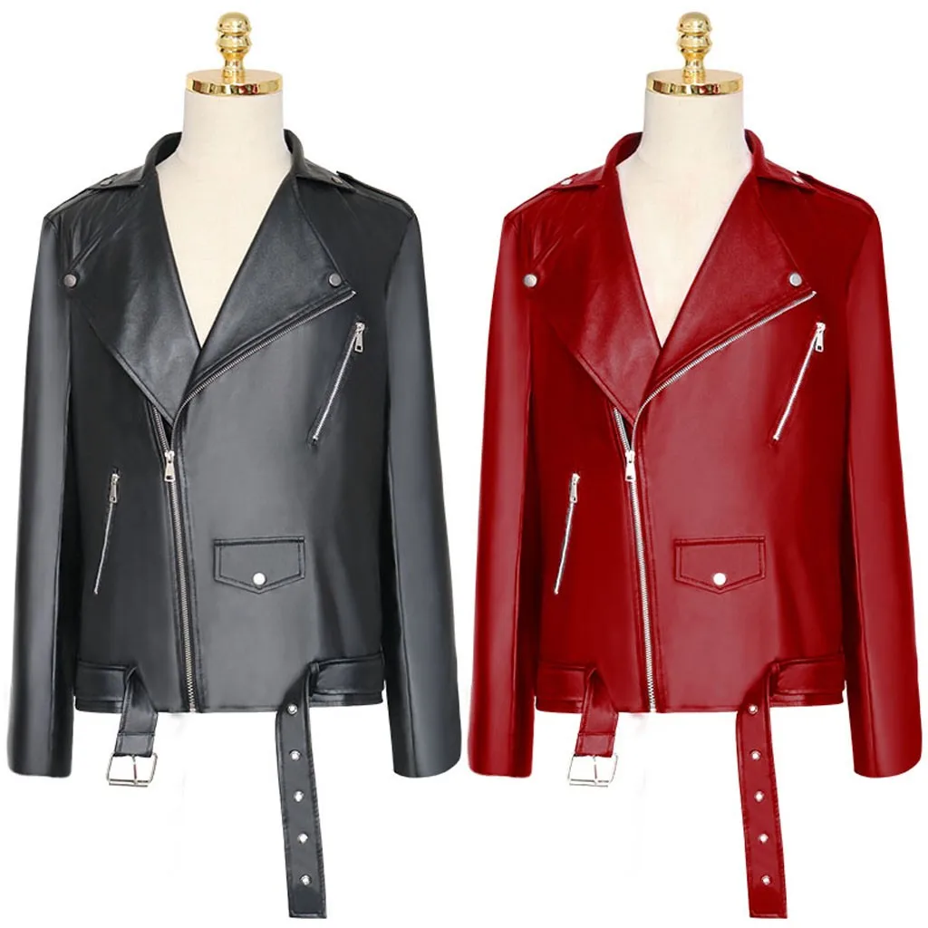 S-3XL Plus Size Men Vintage Faux Leather Jacket Biker Motorcycle Zipper Long Sleeve Punk Style Male Coat Top Outwears Red Black | Мужская