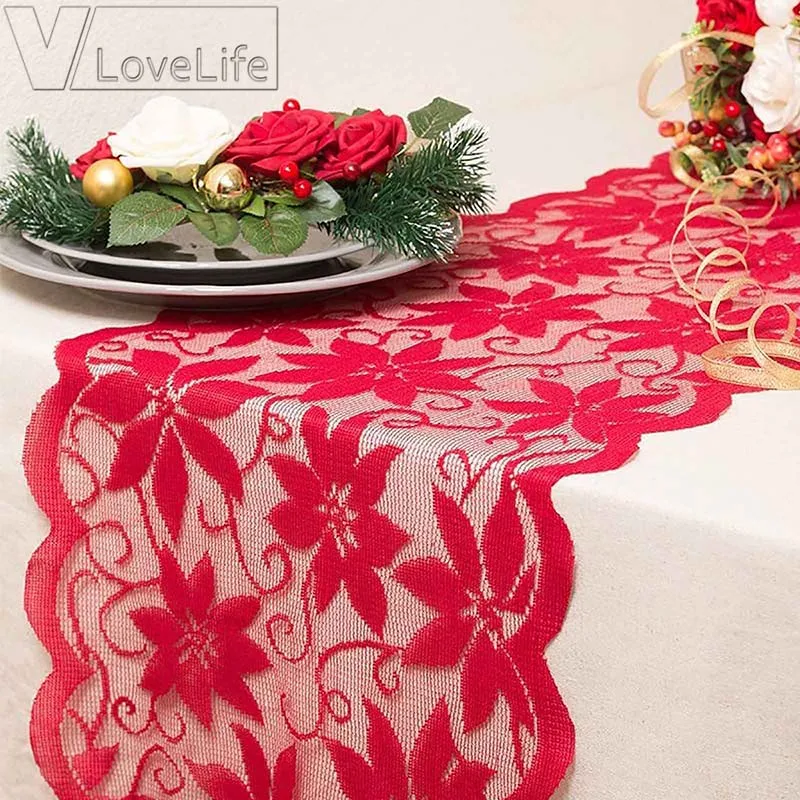 

Love Table Runner Red Heart Cupid Print Decorations Red Lace Wedding Party Valentines Day Gift Christmas Decor For Home Table