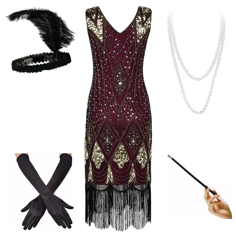 Red Set A(NEW) 1920s Flapper платье Great Gatsby вечерние платья с блестками и бахромой - Цвет: Red Set A(NEW)