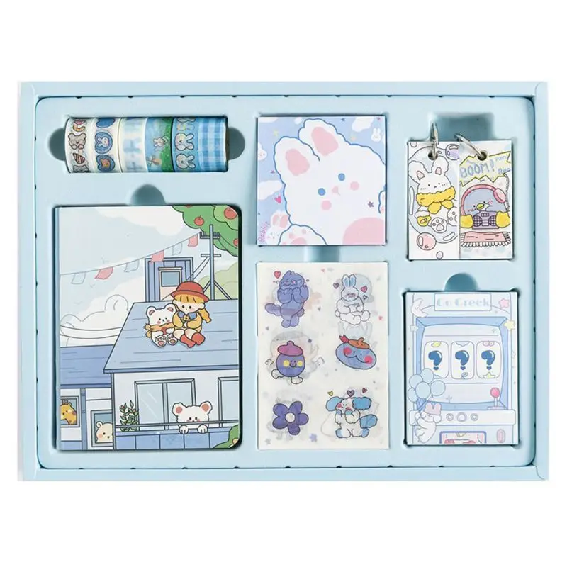 

1 Set Cartoon Portable Traveler Journal Notebook Stationery with Washi Tape Stickers Sticky Note Box