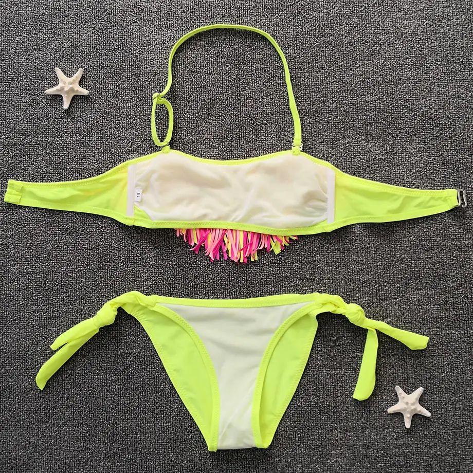 2019 Teenage Girl Bikini Kids Tassel Fringe Swimsuit Split Two Piece Children Swimwear Big Swimming Beach Bathing Suit | Спорт и