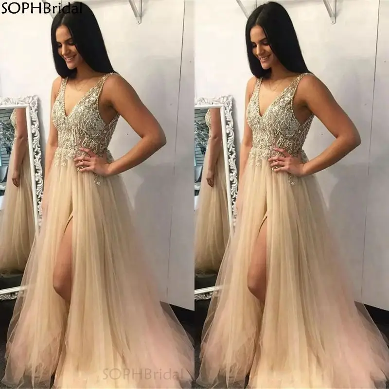 

New Arrival V-Neck Evening Dress Gold Tulle Sleeveless Beaded Sequin Crystals Split Illusion Prom Dress Robe de Soire Vestidos