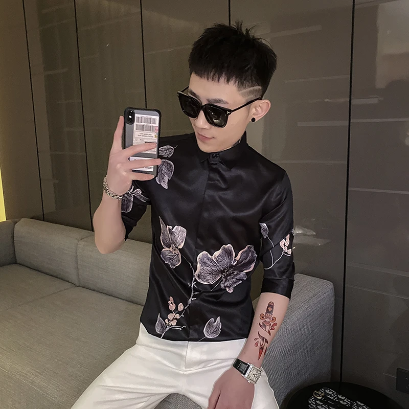 

Summer Flower 2021 Shirt Men Short Sleeve Slim Fit Streetwear Shirts Fashion Social Party Casual Male Clothing Chemise Homme