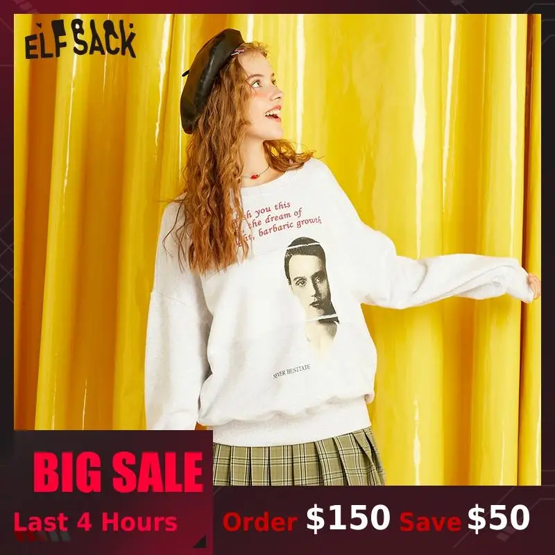 ELFSACK Хлопковые женские свитшоты с буквенным принтом 2019 осенние винтажные