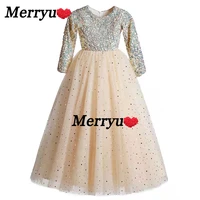 glitter sequins long sleeves flower girls dresses for wedding and party sashes bow floor length tulle birthday party dress