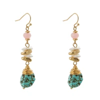 bohemia long ethnic blue turquoises stone drop earrings for women boho jewelry gold earrings pink bead jewelry