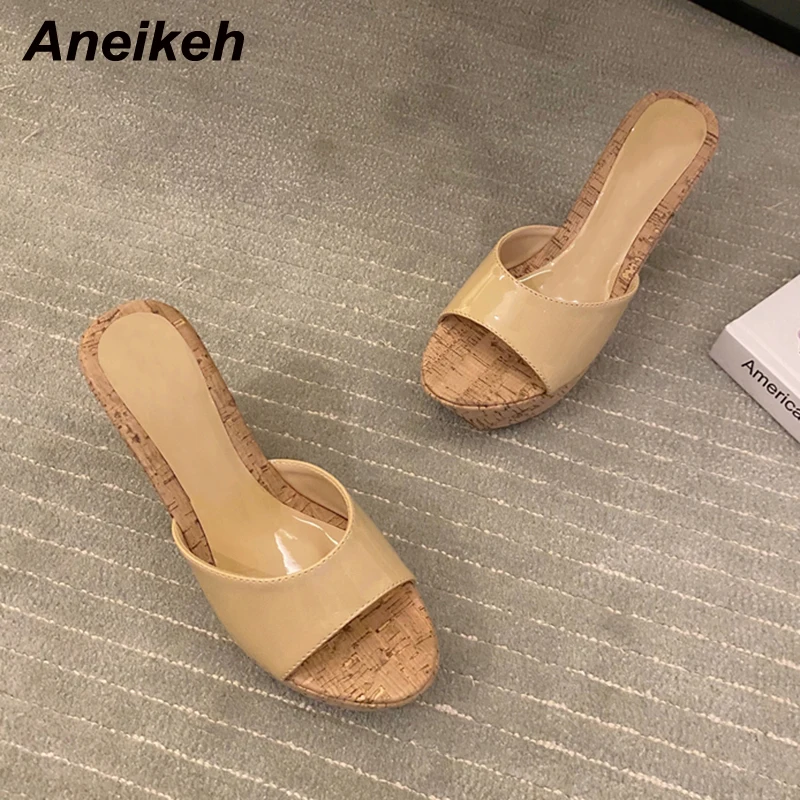 

Aneikeh Women Shoes Summer 2021 NEW Patent Leather Wedges Slippers Concise Platform Slides Solid Outside Shallow DRESS Apricot
